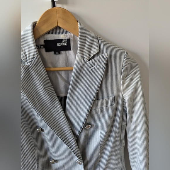 LOVE MOSCHINO Distressed Blue and White Striped Cotton Blazer US Size 2 - Picture 3 of 9